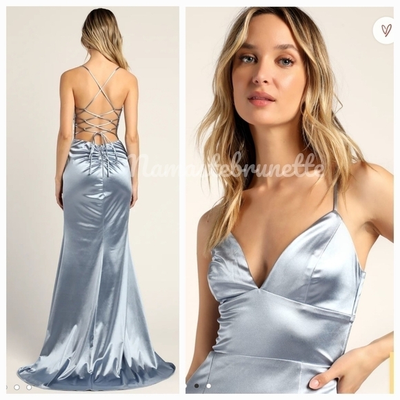 Nwt Lulu's Medium Dusty Blue Satin Lace-Up Mermaid Formal Maxi Dress - Picture 5 of 16